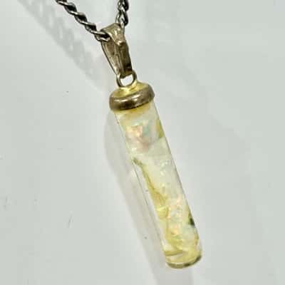 Vintage Cylindrical glass bottle w/Small Opal Chips/ silver tone chain necklace 
