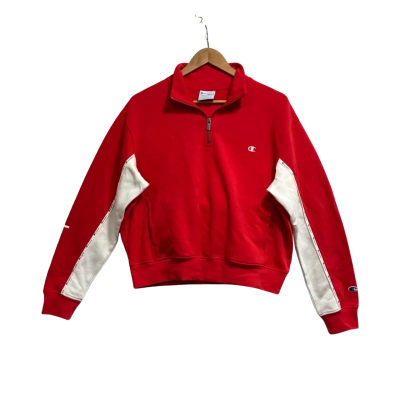 Champion, Mens, Size L, quarter zip red sweater with white sleeves
