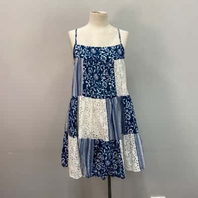  Ruby Yaya Womens  Size M Mini Bohemian Dress Blue / White Patchwork 