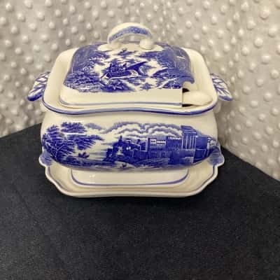 Vintage Blue and White Lidded Porcelain Tureen Transferware Blue Castle River