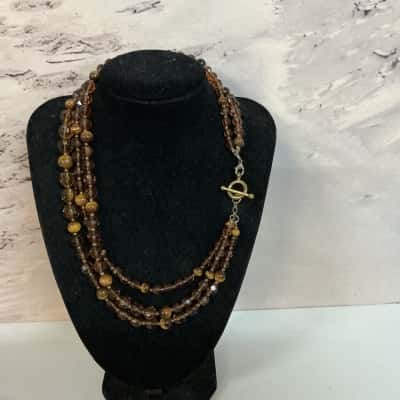 Vintage Amber Glass and Tiger Eye Beaded Necklace 