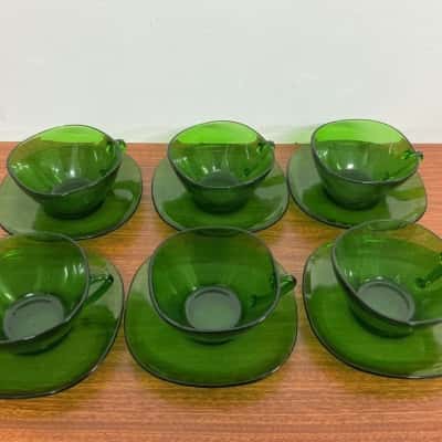 Vintage Vereco France Greeen Glasss Cups and Saucers 