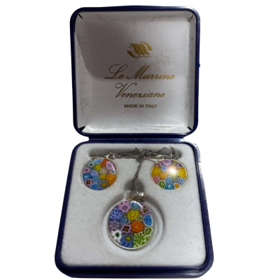 Le Murrine Veneziane  Glass Earrings and Necklace Set 925 Silver Made In Italy