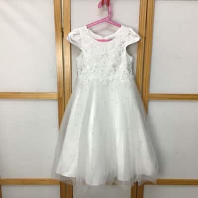 Ollies Place Kids  Size 7 Children's White Tulle Gown with Faux Pearl & Bead Decals