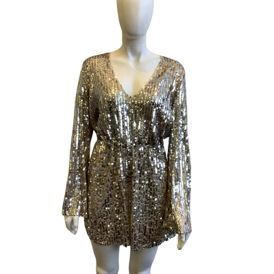 Showpo Women's Size 12 Long Sleeve Mini Dress Silver Sequins 