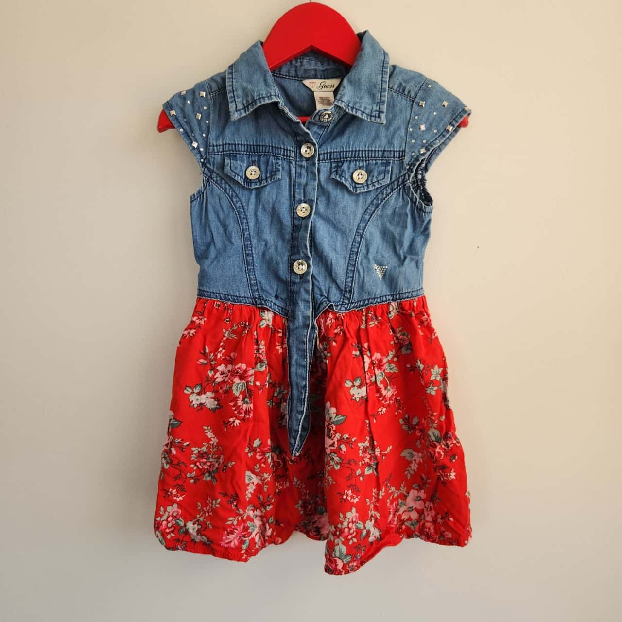 Guess Kids Girls Red Floral Denim Dress Size 4 years s