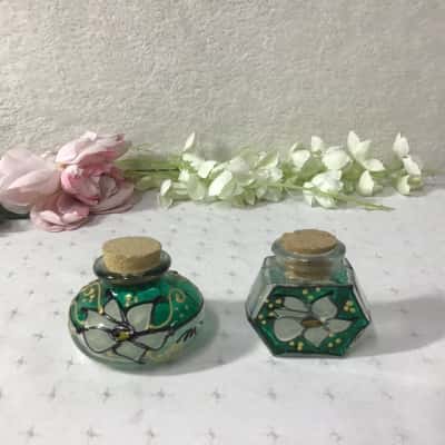 Decorative Hand-painted Green / White Floral Glass Scent Bottles with Cork Stoppers (x 2)