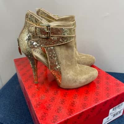 Guess Womens  Size 6 Heels Brown / Gold suede and glitter shoes