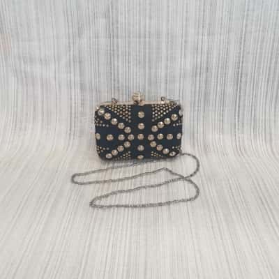 Gorgeous Gold Tone Studded /Black /Hardcase /Evening Bag with Chain Shoulder Strap & Gorgeous Large Diamante Clip Closure  
