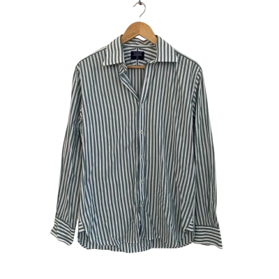 M.J. Bale Mens  Size 41 Long Sleeve Shirt Green / Striped / White 
