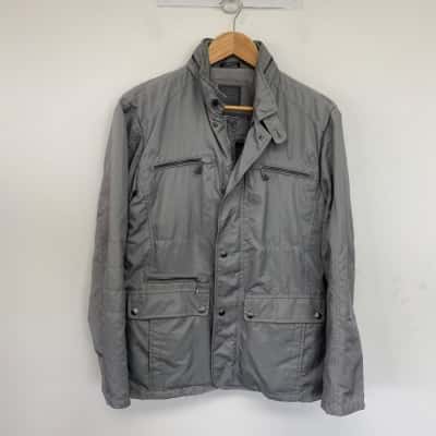 Geox Light Grey Stand Collar Snap Zipper Details Multiple Front Pockets Utility Jacket  Size 38 