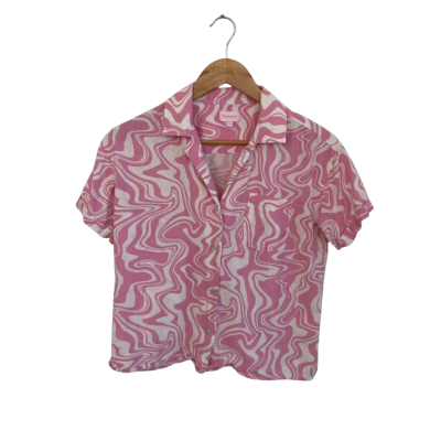 Ghanda Womens  Size 10 Button Up Top / Cropped Top / Short Sleeve Top Pink  / White 