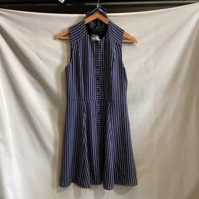 Cue Womens  Size 10 Dress Navy Blue / Pinstriped / White 