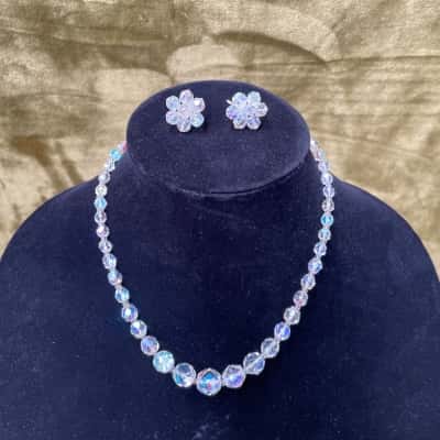 Vintage Clear Glass Bead Necklace & Earrings 