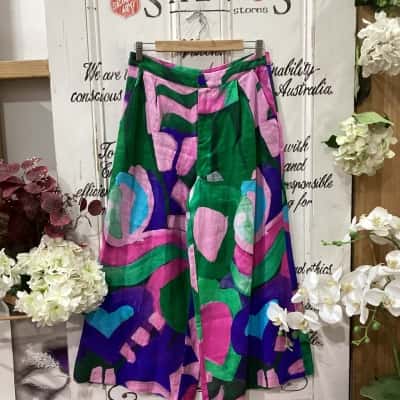 Gorman Brand! NWOT! ABSTRACT ART PATTERN 100% LINEN WIDE LEG PANT! DESIGN GGFV542 Winter 2023! Womens  Size 10 Wide Leg Pants Blue / Green / Pattern / Pink  / Purple 