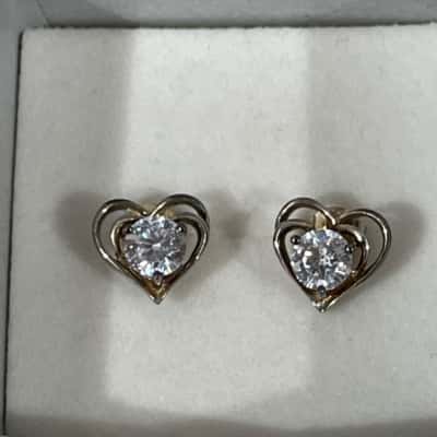  Silver Heart Shaped Stud Earrings with Cubic Zirconia, Stamped 925 GM137 CZ 