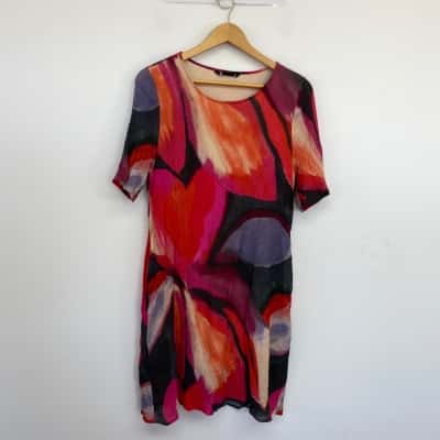 Marco Polo Grey Red Short Sleeve Midi Dress  Size 14