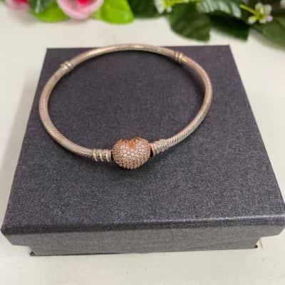 Womens Pandora Rose Gold Plate Heart Clasp Snake Chain Bracelet