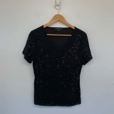 Liz Jordan Black Sequin Mesh Short Sleeve T-shirt Top Size S