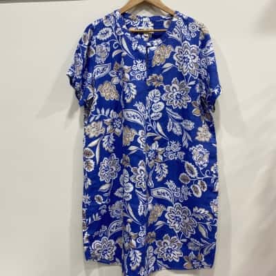 Trenery Womens  Size 16 Midi Dress / Short Sleeve Dress  Beige / Blue / Pattern / White 