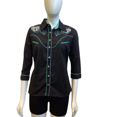Hell Bunny Womens  Size M Front Button Shirt Black / Blue