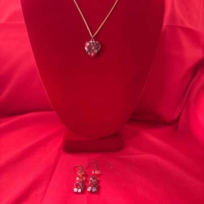  Women’s Red Millefiori Heart Pendant Necklace with matching Earrings 