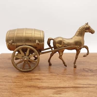 Vintage Brass Horse and Wine Barrel Cart Money Box
