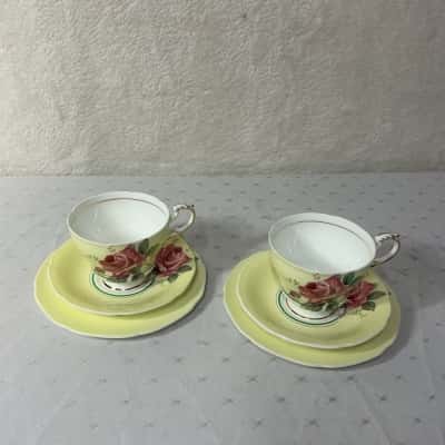 Vintage Paragon Yellow with Pink Roses 2 x Fine Bone China Cups Saucers & Plates