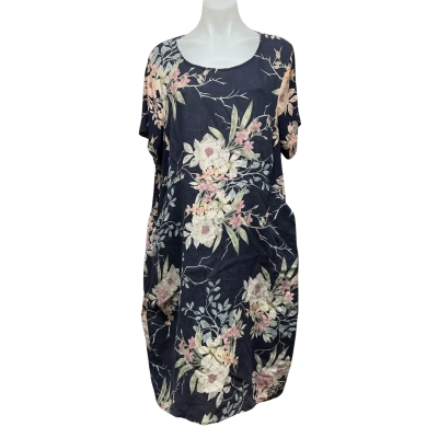 Cali & Co. Womens 100% Linen Size L / XL Midi Dress Floral / Multicoloured / Pattern 