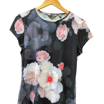 Ted Baker Cap Sleeved Top Size 3 Black & Floral
