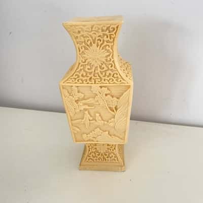 Vintage Chinese Cast Heavy Vase With Relief Of A Scene Of Life In Chinese Village