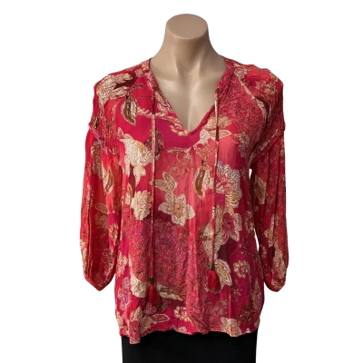 Sussan Womens Size 6 Coral / Red / Beige / White / Brown Paisley Print V-neck Top 
