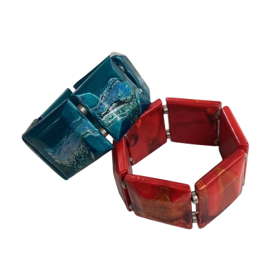Pair of Artisan Resin Stretch Bracelets Marbled Statement Jewellery