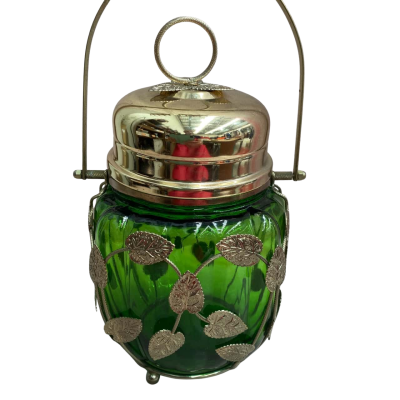 Musical Vintage Green Glass Biscuit/ Candy Jar with chrome lid, handle and decorative leaves
