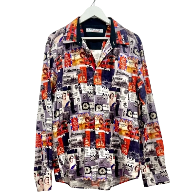 JOHN LENNON Colourful Collage Print of London Themed Icons Long Sleeve Shirt Size  XL