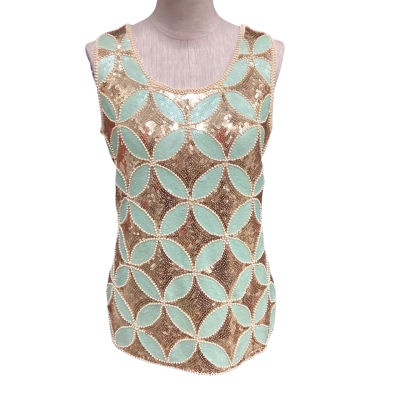  Paper Scissors  Size S Beaded Sequinned Sleeveless Top Beige / Gold / Green 