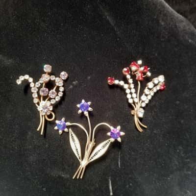 Vintage Rhinestone Glass Brooches x 3