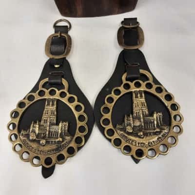 Souvenir Horse brassers featuring Gloucester Cathedral mounted on black display material 