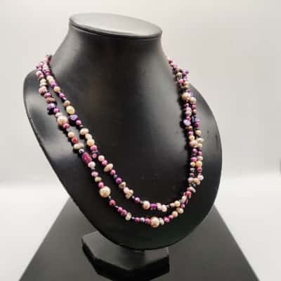Beautiful 128cm Long Multi Coloured Mauve, Pink, Grey, Purple & Cream Freshwater Pearls With Champagne Faux Pearl Spacers  11310297