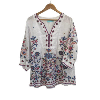 Blue Illusion French Linen Womens  Size XXL Long Sleeve Top / V-Neck Top Floral / Multicoloured / White 