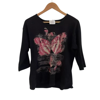 KK Womens  Size S 3/4 Sleeve Top Black  / Multicoloured / Pink  