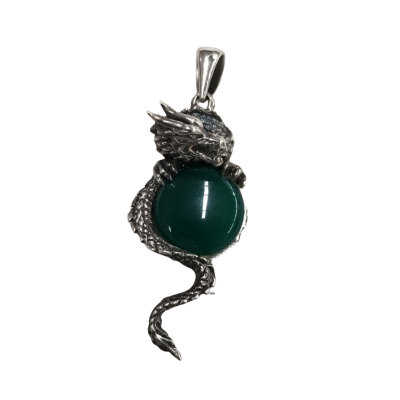 Silver Dragon Pendant with Green Gem