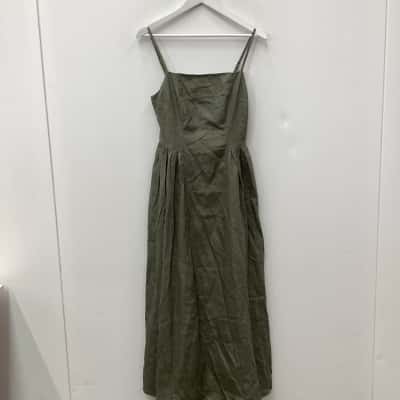 NEW - AERE Gabriella 100% Linen Midi Dress Olive - Size 10 