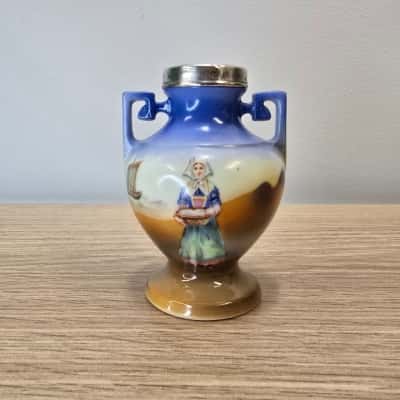 Antique Royal Bayreuth Bavaria Miniature Vase W/ Sterling Silver Rim