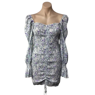 Beginning Boutique Womens  Size M White / Purple Shirred Floral Long Sleeve One More Time Mini Dress 