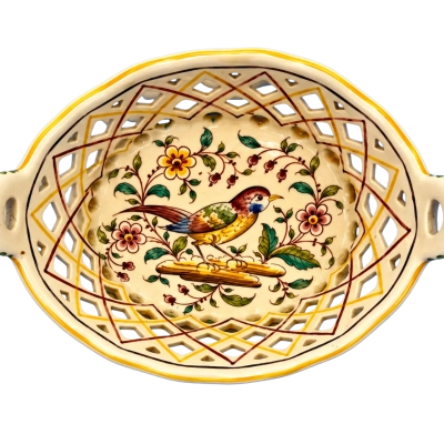 Faienal Portugal Hand Painted Bird Floral Ceramic Lattice Basket Fernando 66