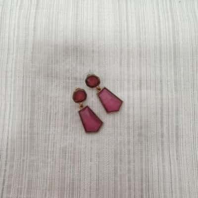 Gorgeous Dark Pink & Copper Cabochons /Elongated Dangle Drop /Pierced Earrings