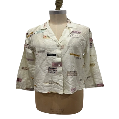 Oroton Womens  Size 8 Silk Long Sleeve Top Off White / Pattern 