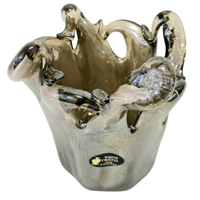 Vintage Hand Blown Murano White Cristal Vase. Made in Italy.