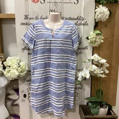 Trenery Brand! NWOT 100% FRENCH LINEN SHORT SLEEVED MIDI DRESS! Womens  Size 12 Midi Dress / Short Sleeve Dress  Blue / Pattern / Striped / White 